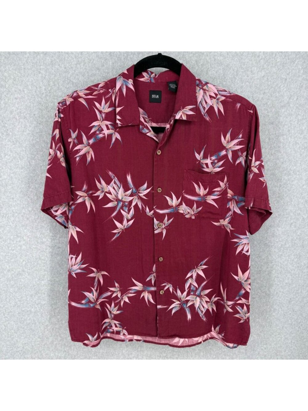 Silk Icon VTG Mens 100% Silk Button Up Shirt Size L Red Bamboo Print Tropical